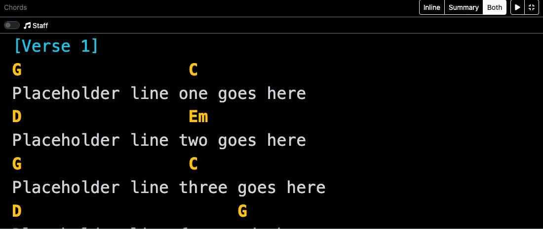 The iRehearse full-screen chord view: a chord chart with the chords G, C, D and Em above placeholder lyric lines, in large type on a dark screen.